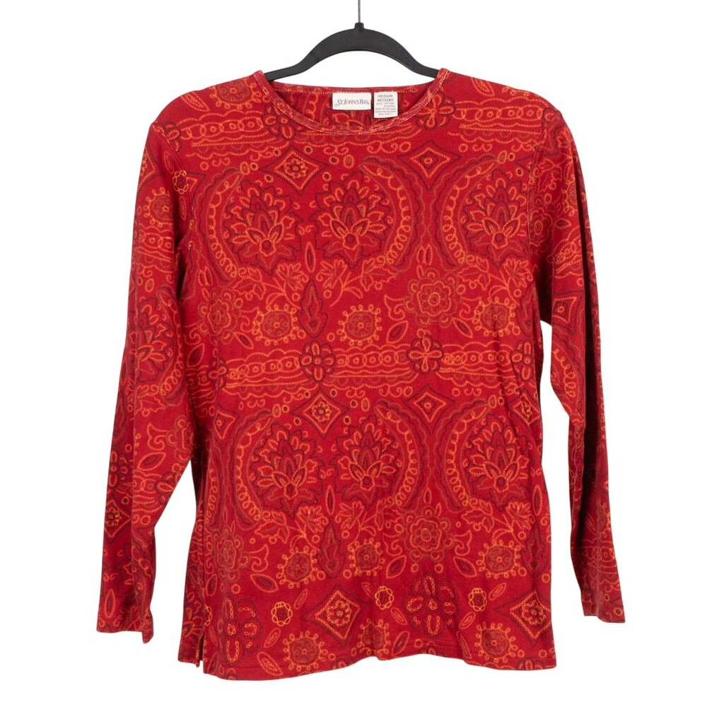St Johns Bay TShirt M Women VTG Red Stitch Print Geometric Earthy Cotton Stretch